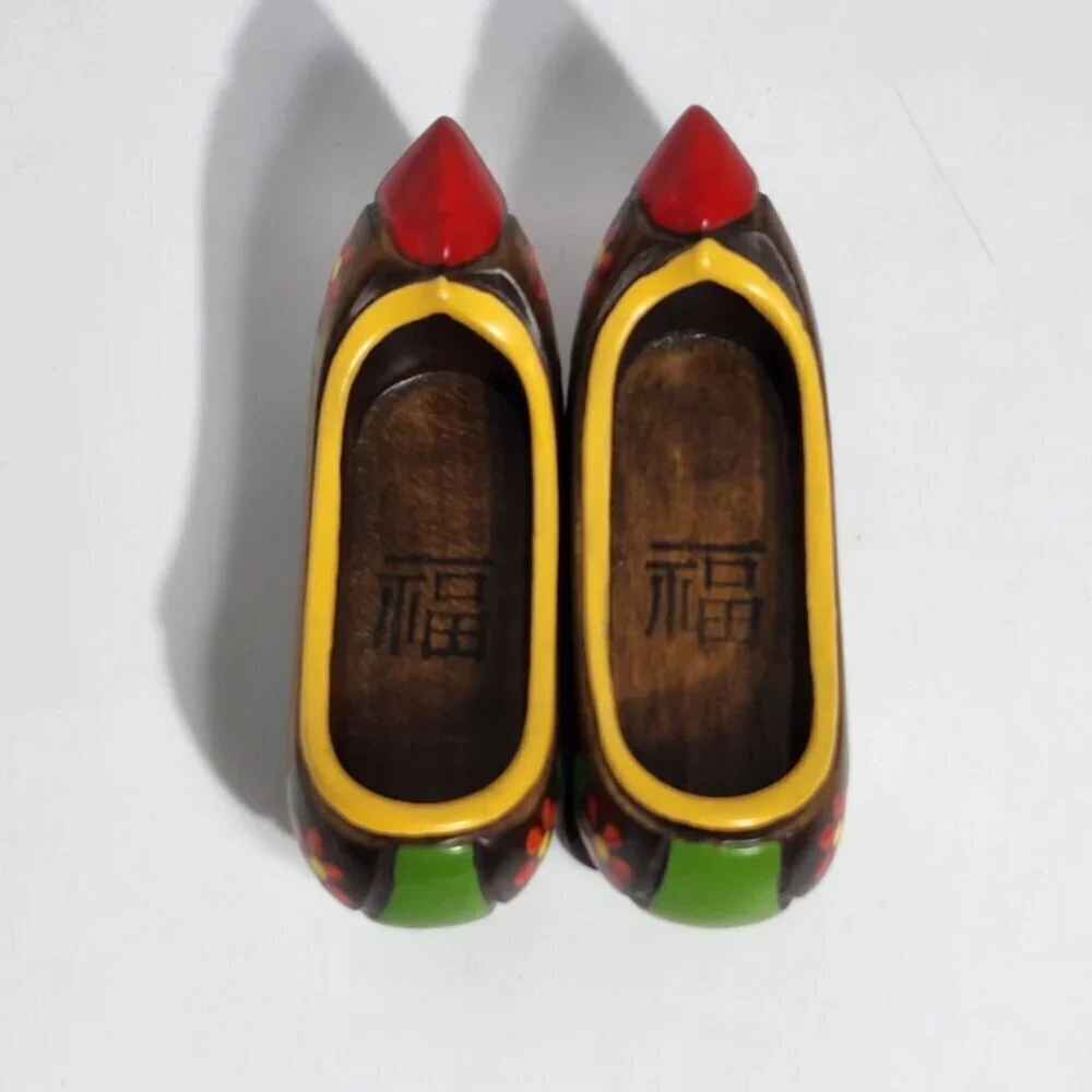 Miniature Hand Painted Vintage Wooden Clogs With Floral Design Red Tips Pair